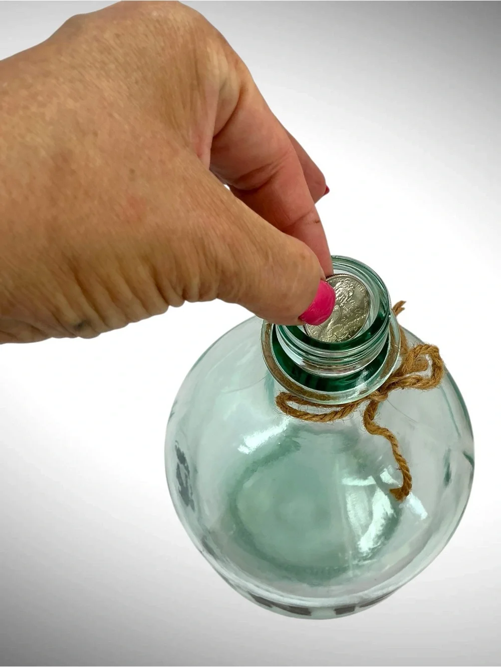 Vintage Glass Bank Jug Bottle Green Tint Primitive Coin Bank